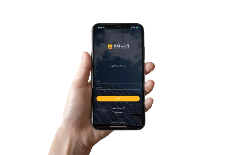 iPhone in hand showing Solar Manager Login